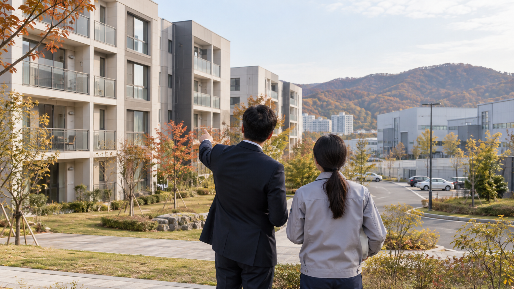 산업단지 근처 공동주택 기숙사를 살펴보는 기업 담당자와 근로자의 연출 사진