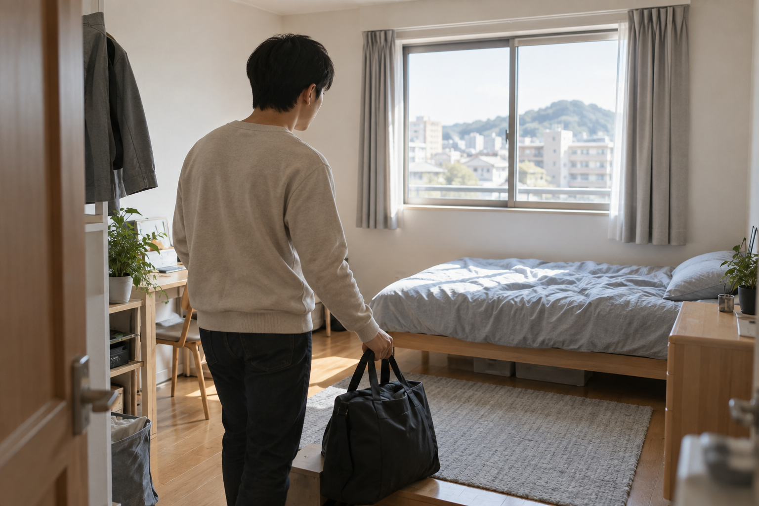 직원이 실제 거주할 기숙사 방에 들어서는 연출 사진