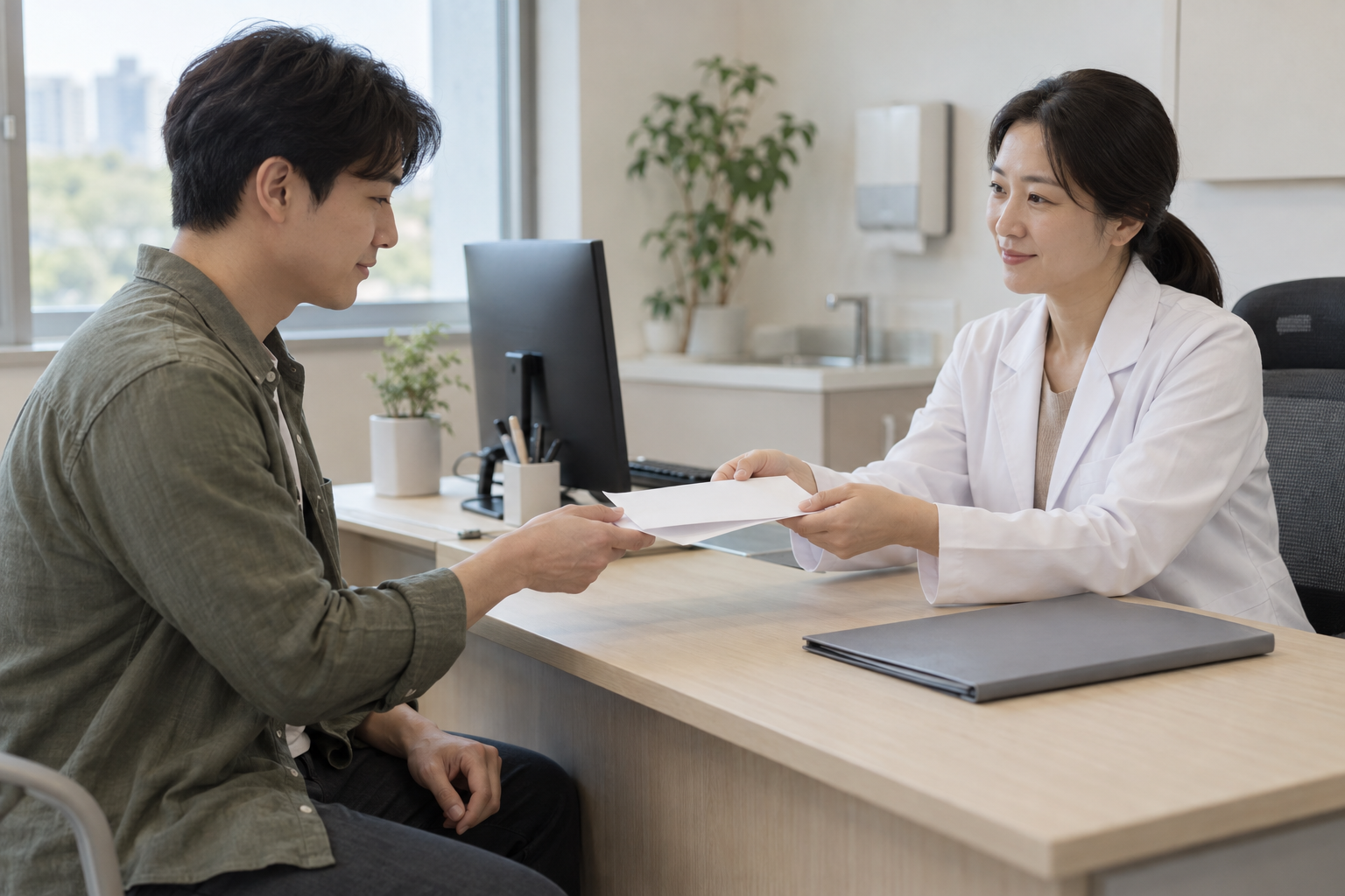 진료실에서 무표기 의료 증명서를 건네받는 성인 AI 연출 사진