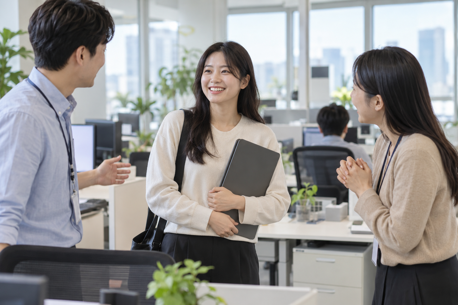 한국 직장인이 동료들의 환영을 받으며 대체인력으로 새 근무를 시작하는 연출 사진