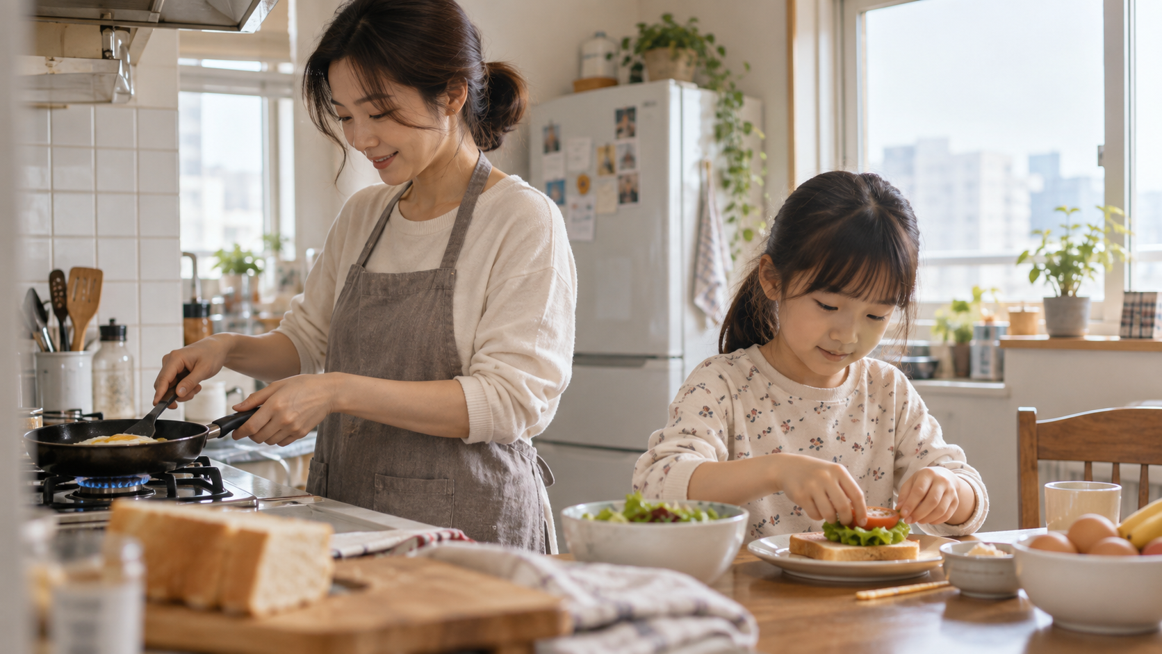보호자와 어린 자녀가 집에서 아침 식사를 준비하는 연출 사진