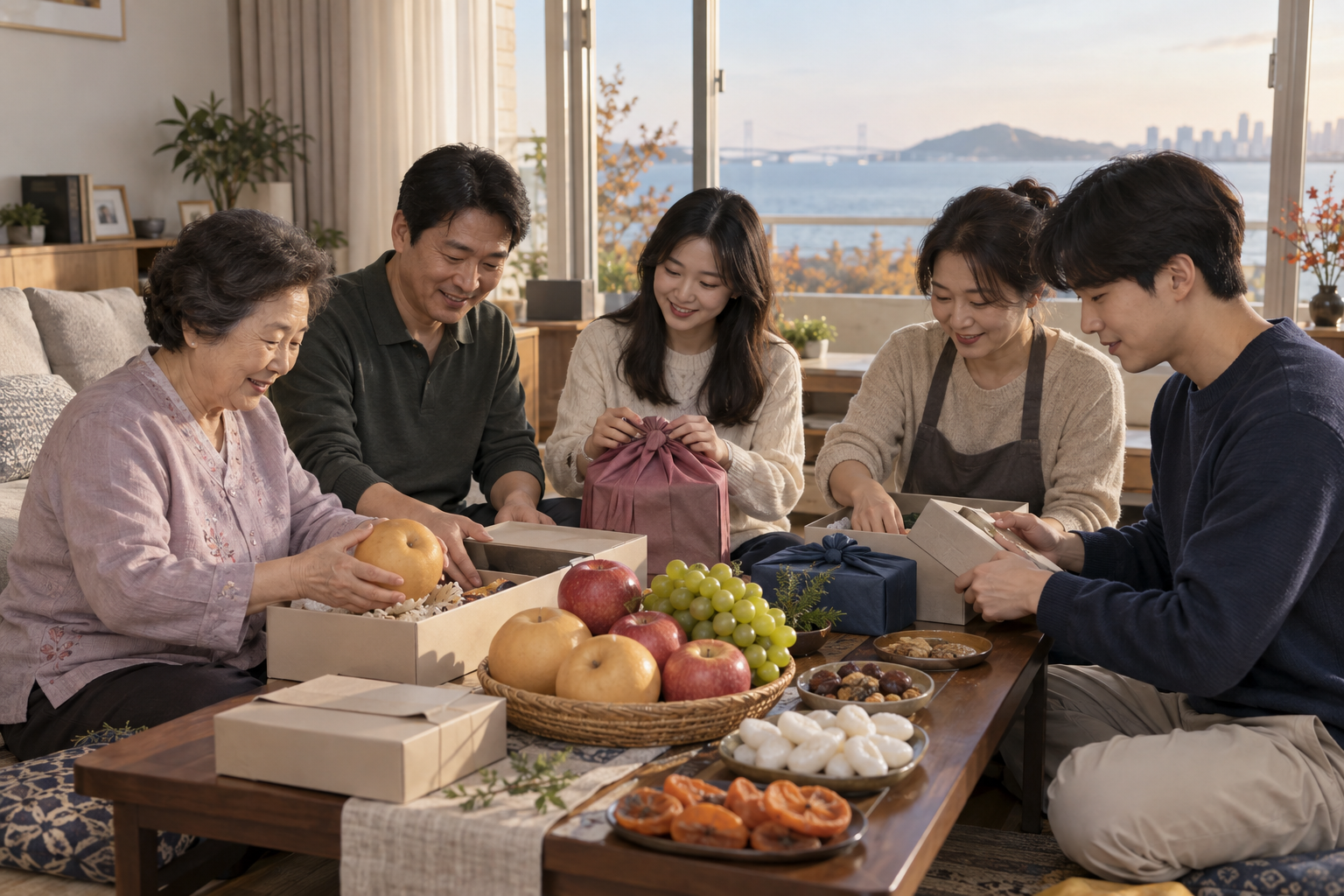 영종구의 3세대 가족이 함께 추석을 준비하는 연출 장면