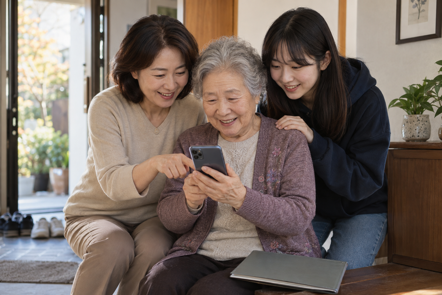 영종구 3세대 가정이 효사랑 지원금 지급 알림을 함께 확인하는 연출 장면