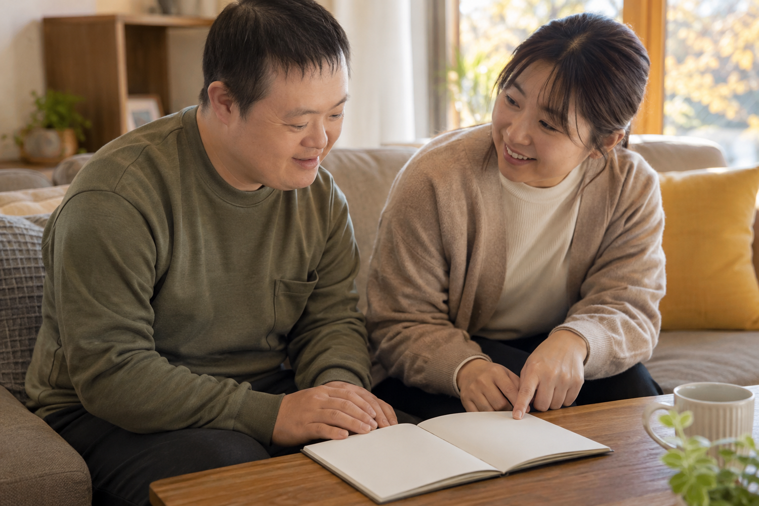 시설 이용자와 지원 인력이 빈 노트를 보며 지급 여부를 확인하는 연출 사진