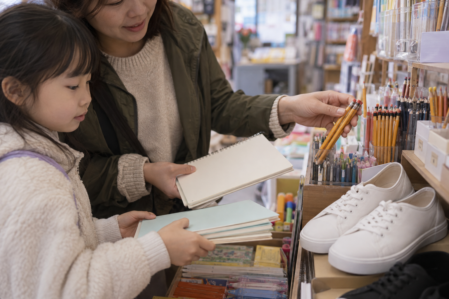 책가방과 필기구, 도서를 고르는 새 학기 학용품점 연출 사진