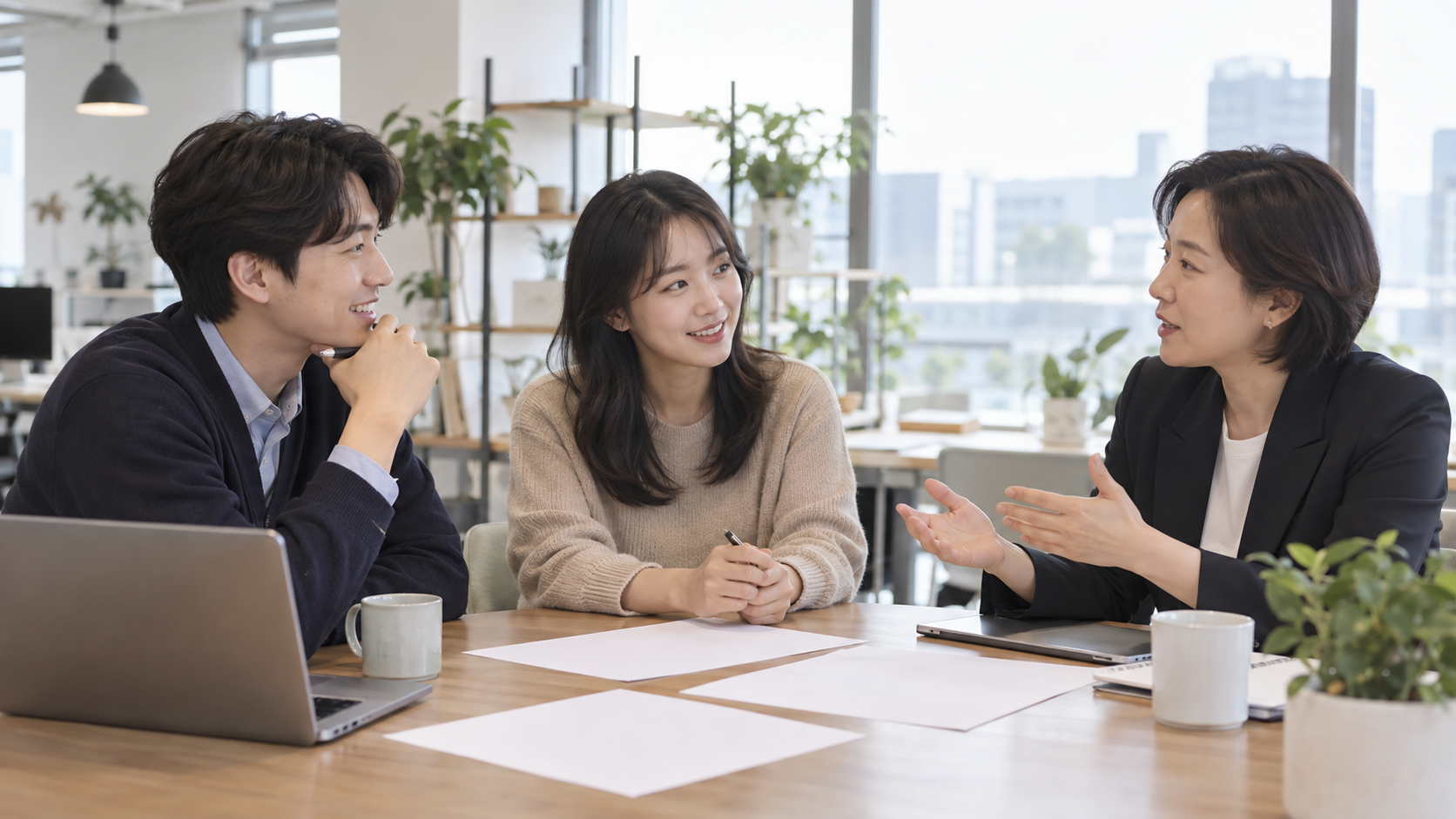 중소기업 직원들과 관리자가 단축근무 일정을 상의하는 연출 사진