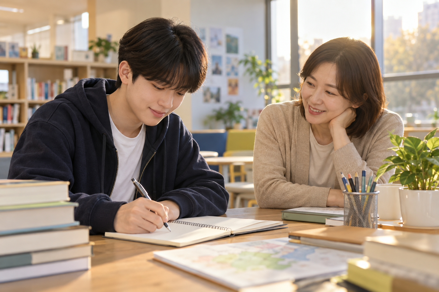 청소년이 상담자와 함께 학업과 자립 계획을 세우는 모습