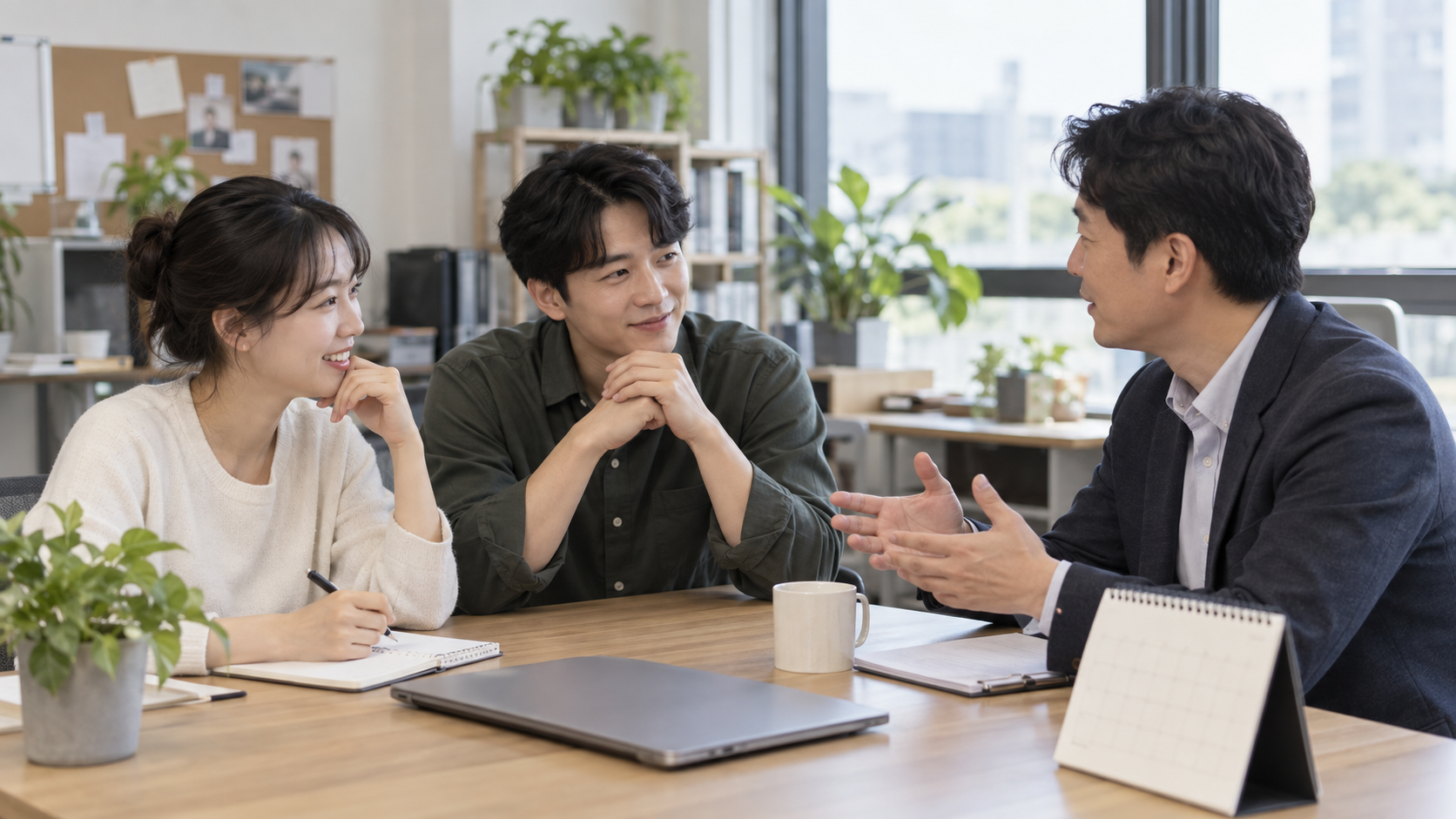 작은 사무실에서 근로자와 사업주가 근무 일정을 상의하는 연출 사진
