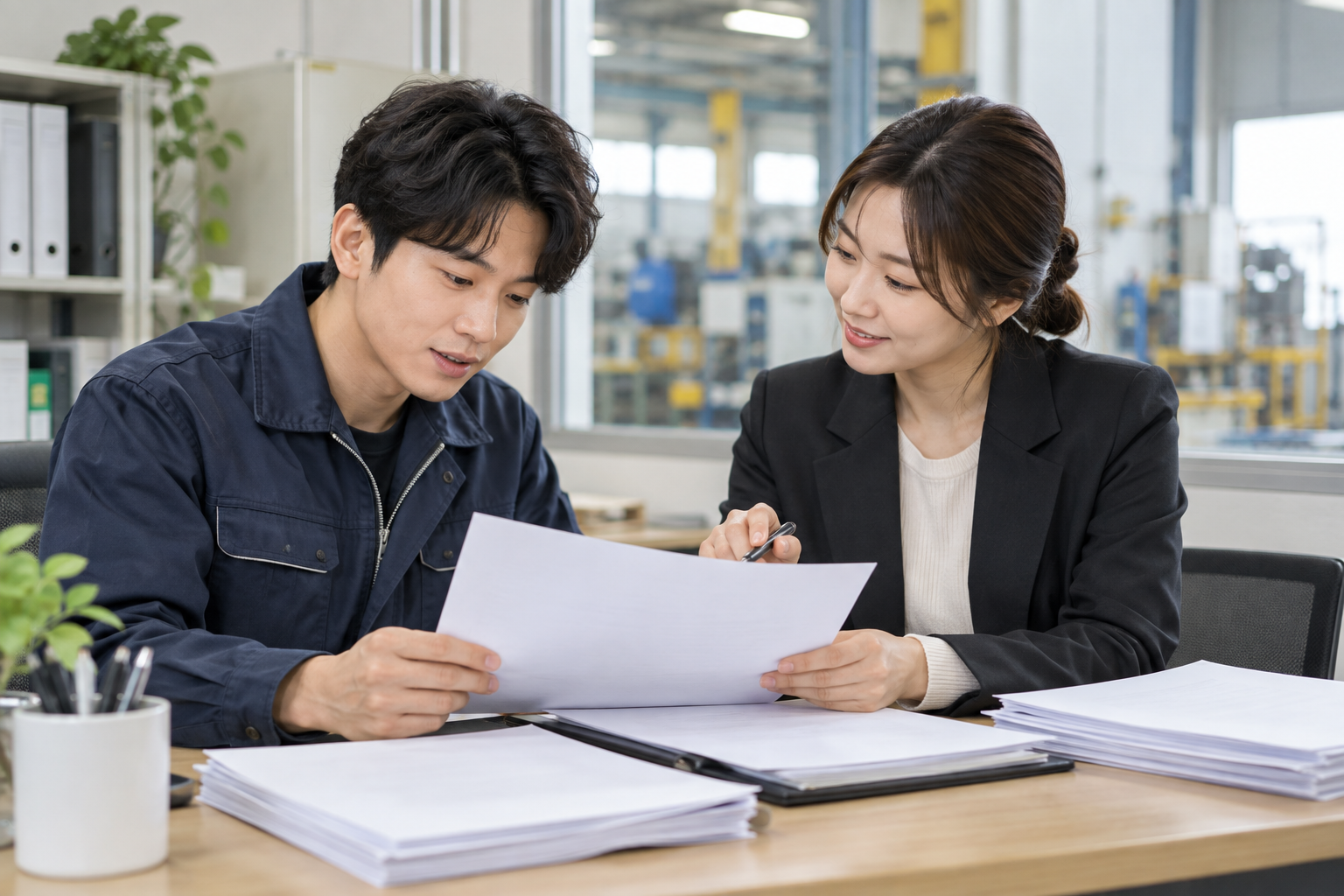 청년 노동자와 회사 담당자가 빈 증빙 서류를 함께 살펴보는 연출 사진