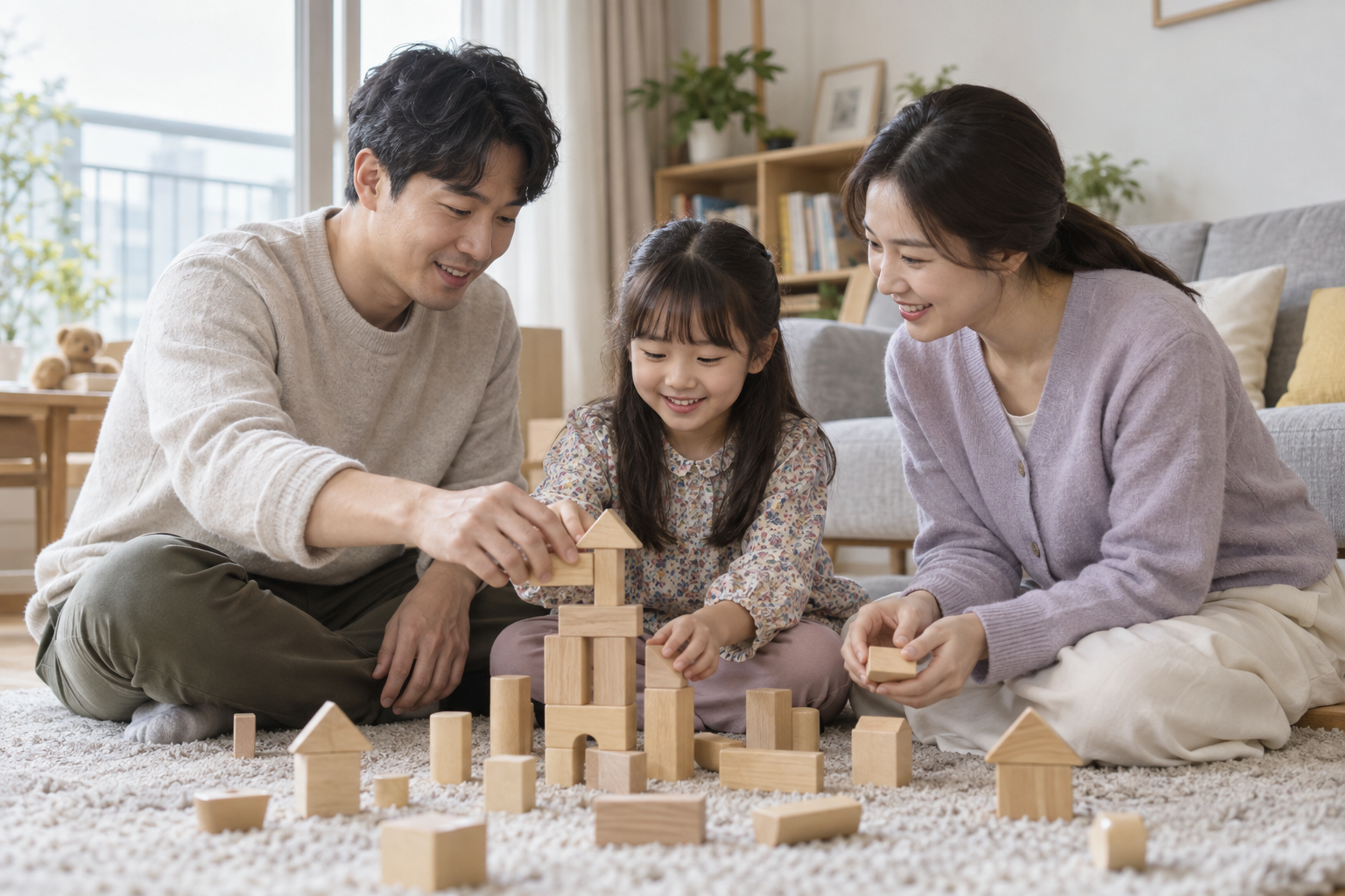 가정에서 부모와 아이가 나무 블록을 함께 조립하는 연출 장면
