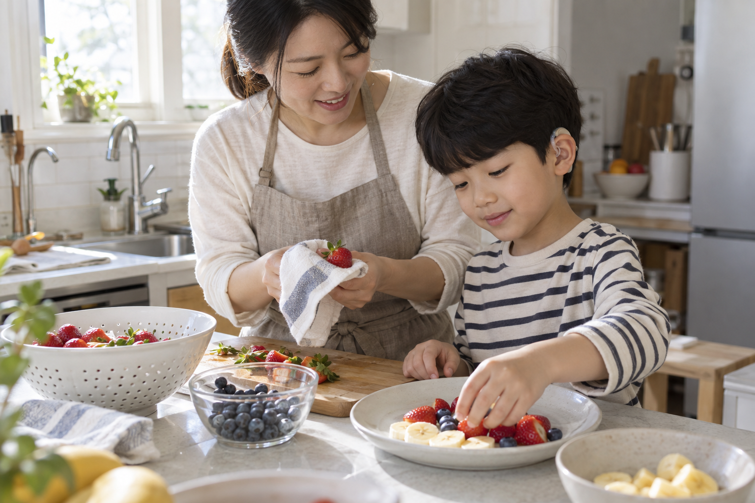 보호자와 보청기를 착용한 아이가 주방에서 과일을 함께 준비하는 AI 연출 사진