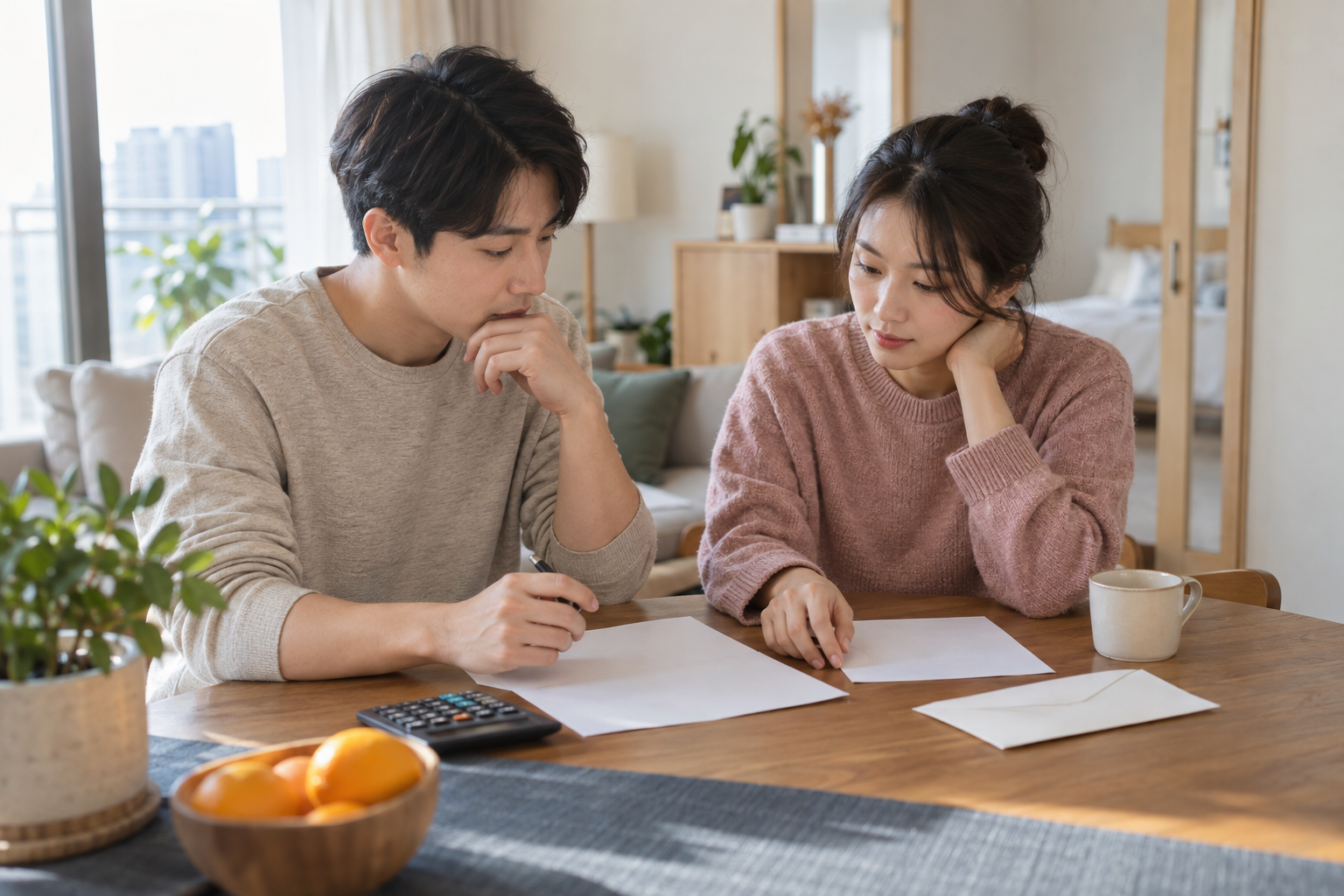 신혼부부가 집에서 가계 계획을 함께 세우는 연출 사진