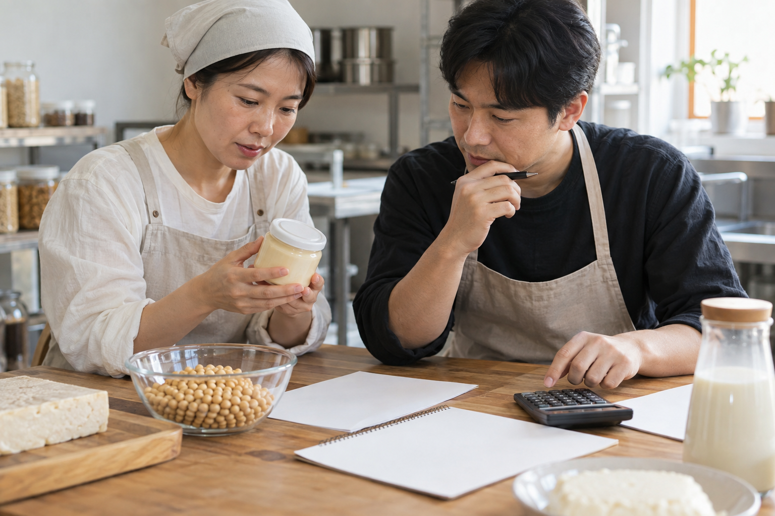 식품 사업자들이 콩 시제품과 빈 예산 서류를 함께 검토하는 연출 사진