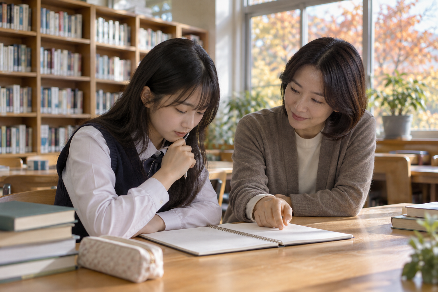 학생이 학교에서 지원 관련 자료를 확인하는 연출 사진