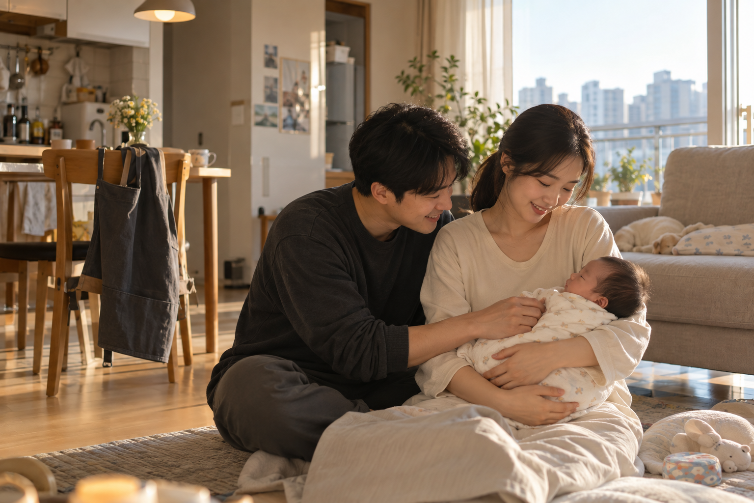 청년 부모가 집에서 신생아를 돌보는 연출 사진