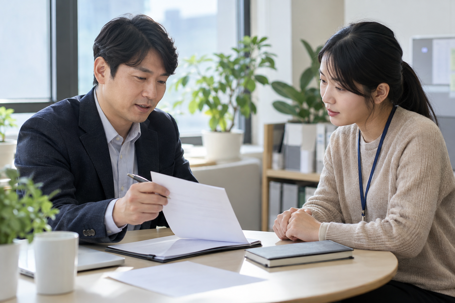 사업주가 근로자와 정규직 전환 뒤 근로조건을 확인하는 모습