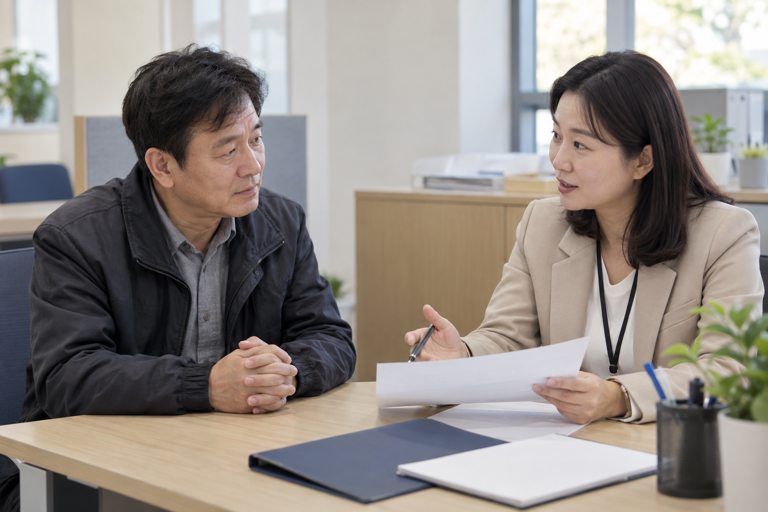 상담자가 재취업 근무기간 증빙을 두고 신청인과 설명하는 연출 사진