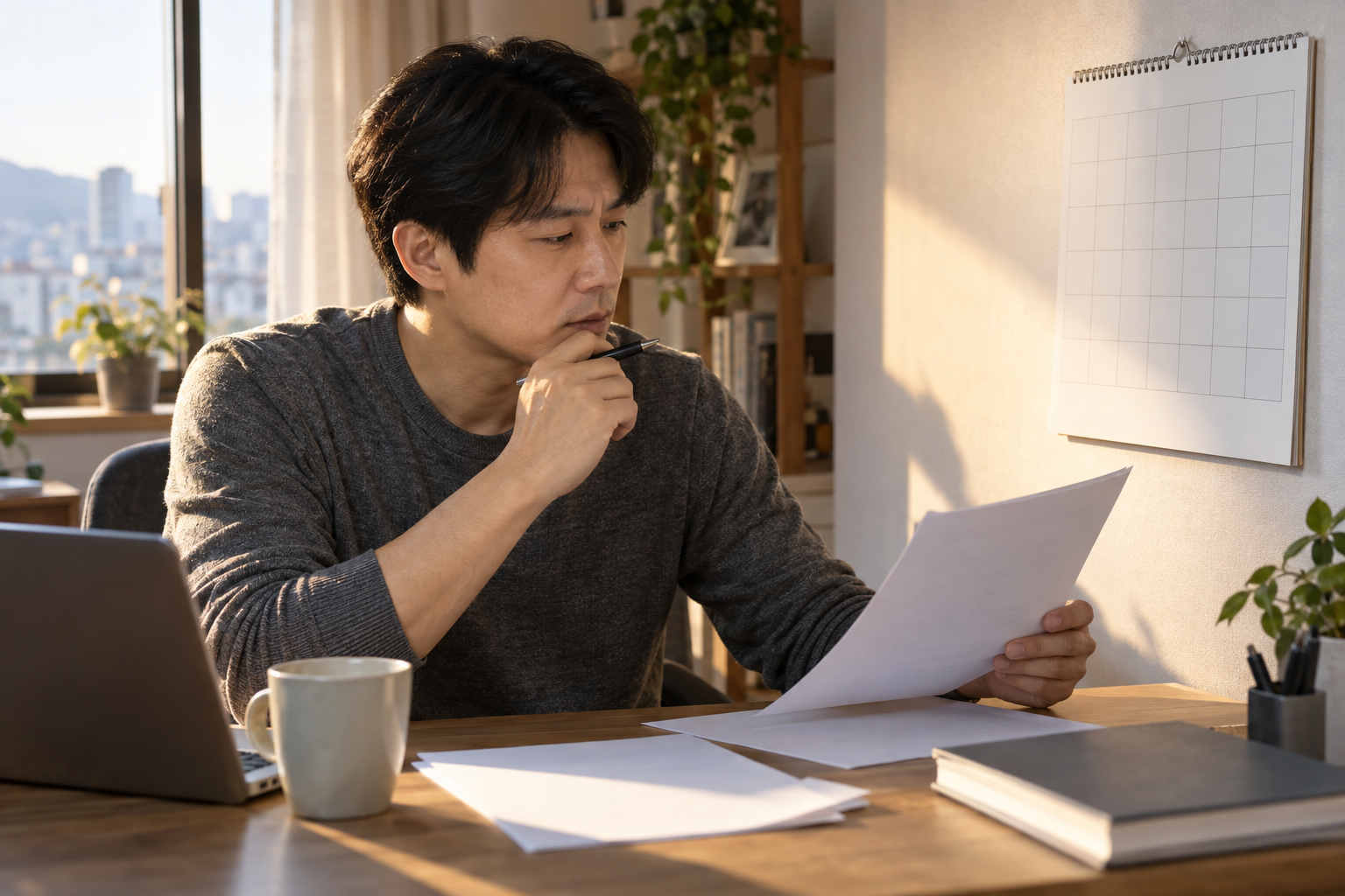 재취업한 사람이 글자 없는 달력과 빈 서류로 근무기간을 점검하는 연출 사진