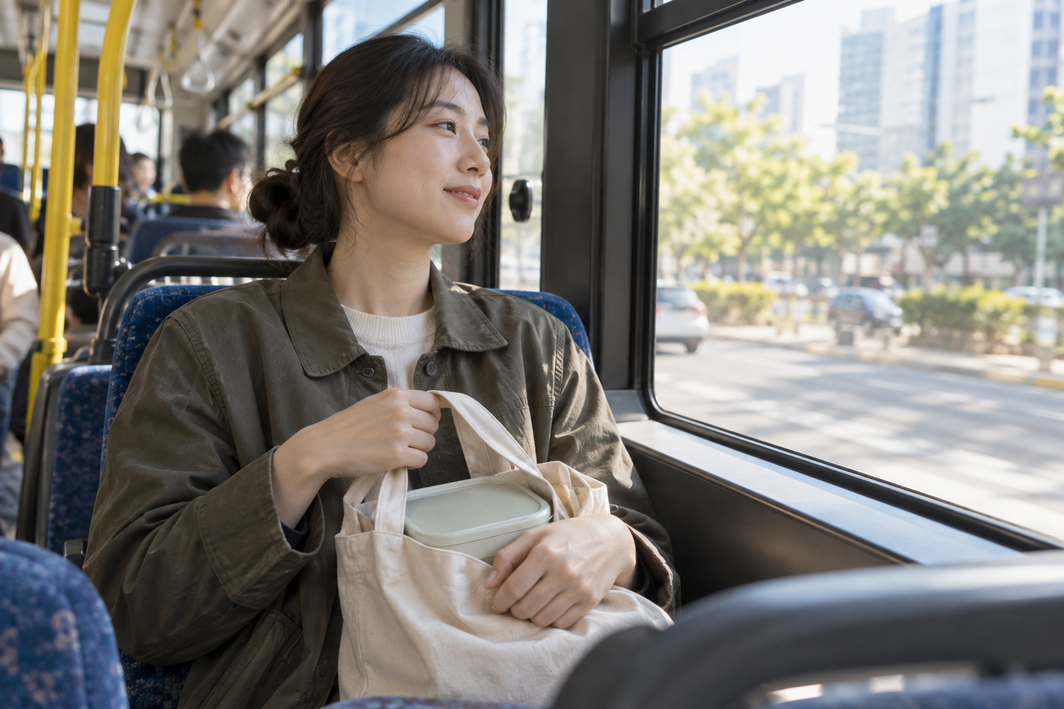 도시 버스에 앉아 도시락이 든 가방을 들고 이동하는 성인