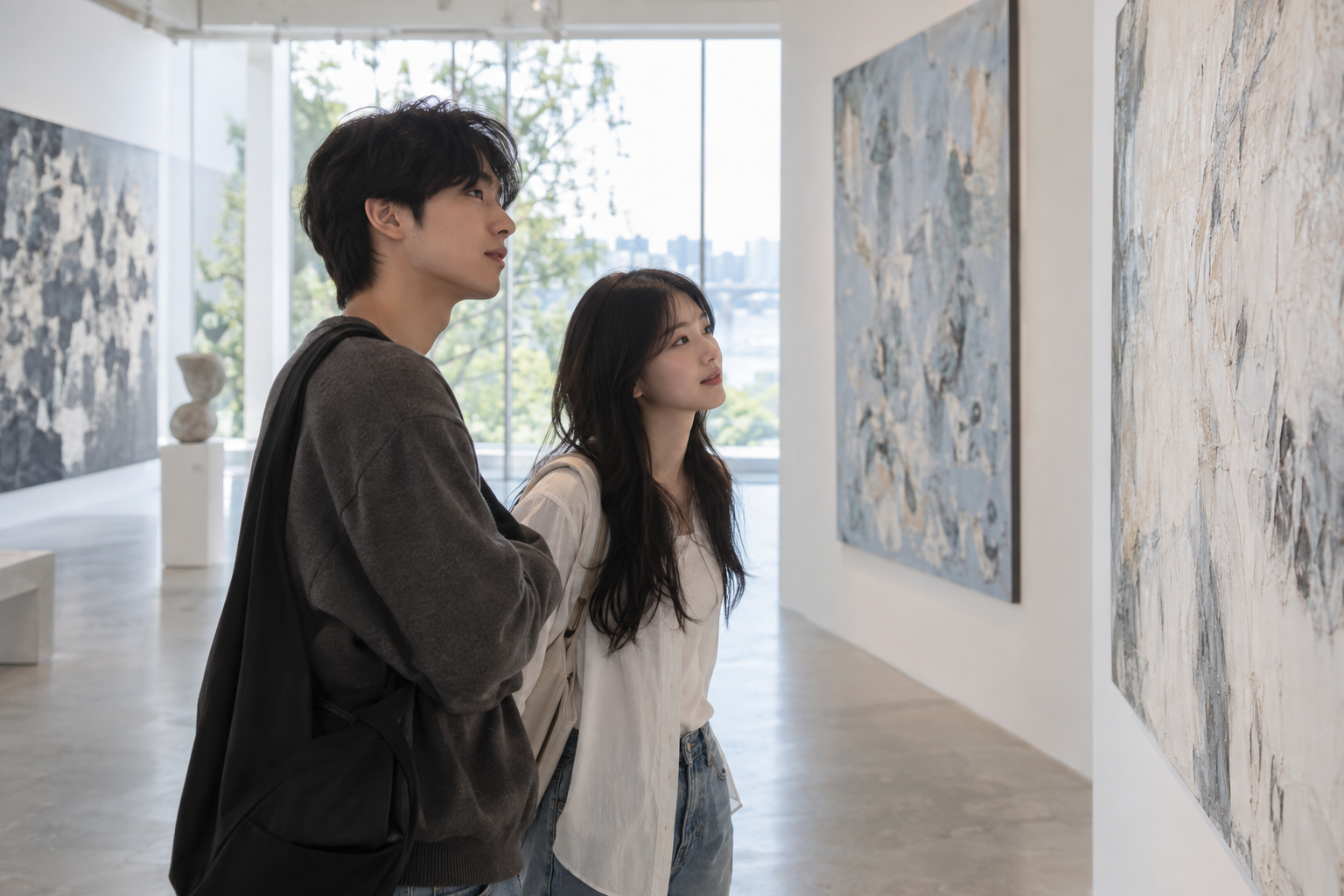 미술관의 추상 작품을 감상하는 두 청년