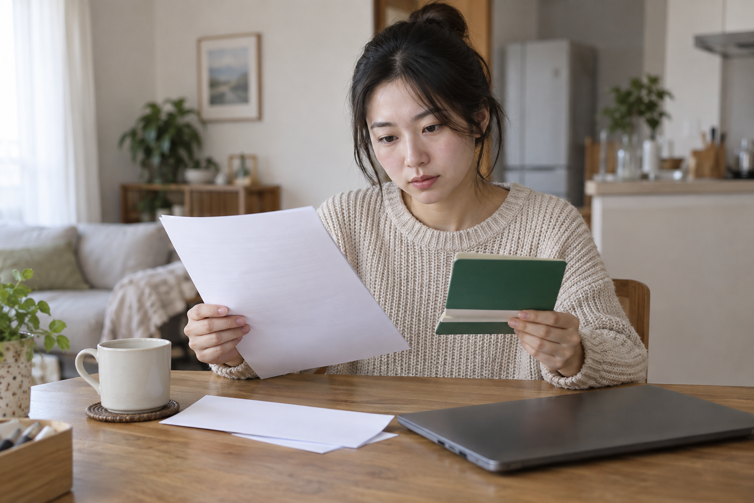 청년 근로자가 빈 신청서와 통장, 근속 증빙을 준비하는 연출 사진