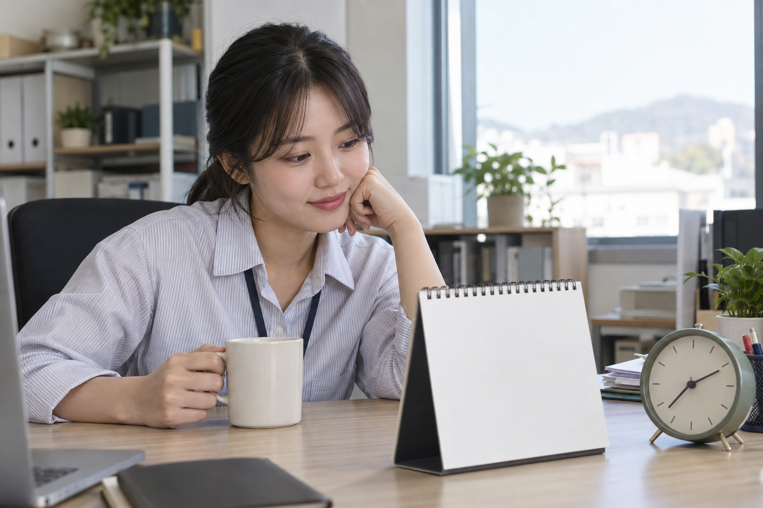 청년 근로자가 빈 달력을 보며 계속 근무기간을 확인하는 연출 사진
