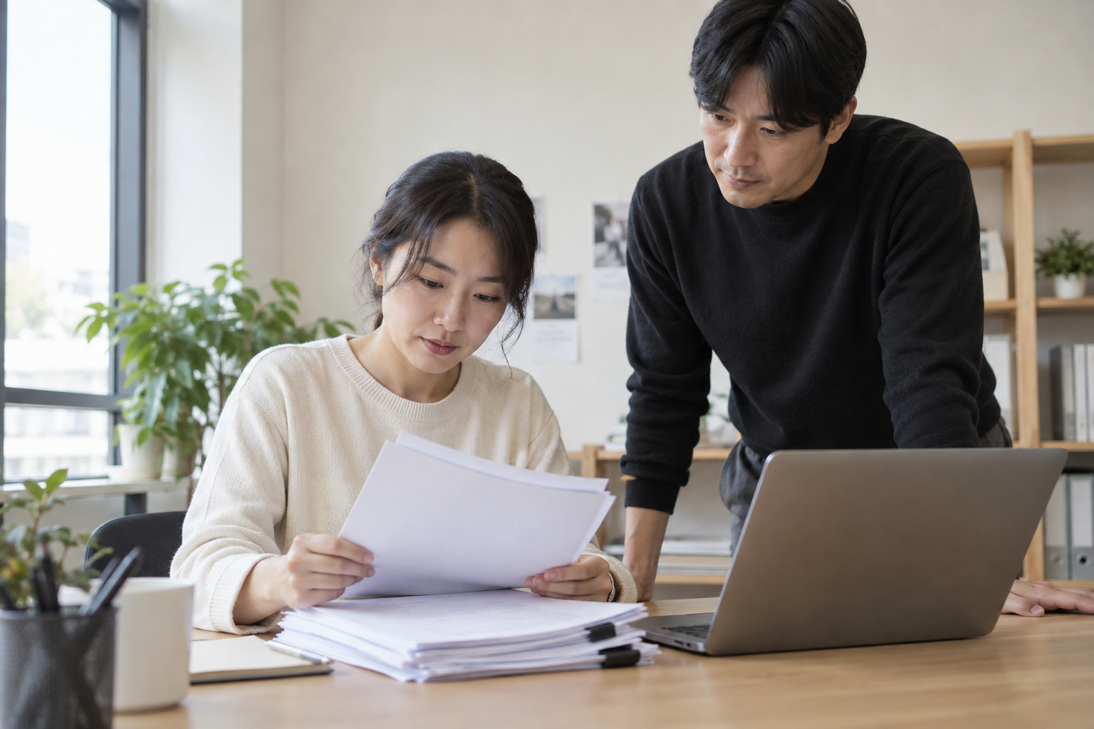 노트북 옆에서 보조사업 신청 자료를 점검하는 사람들의 연출 사진