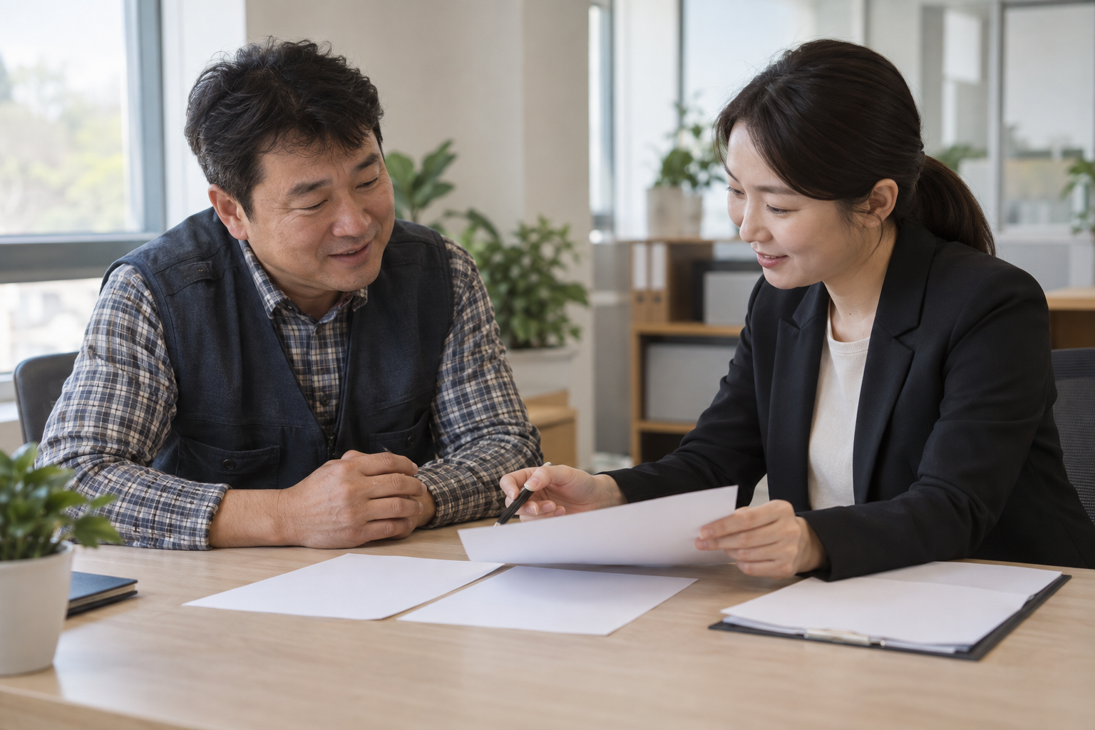 소상공인이 상담자와 빈 신청 서류를 확인하는 연출 사진
