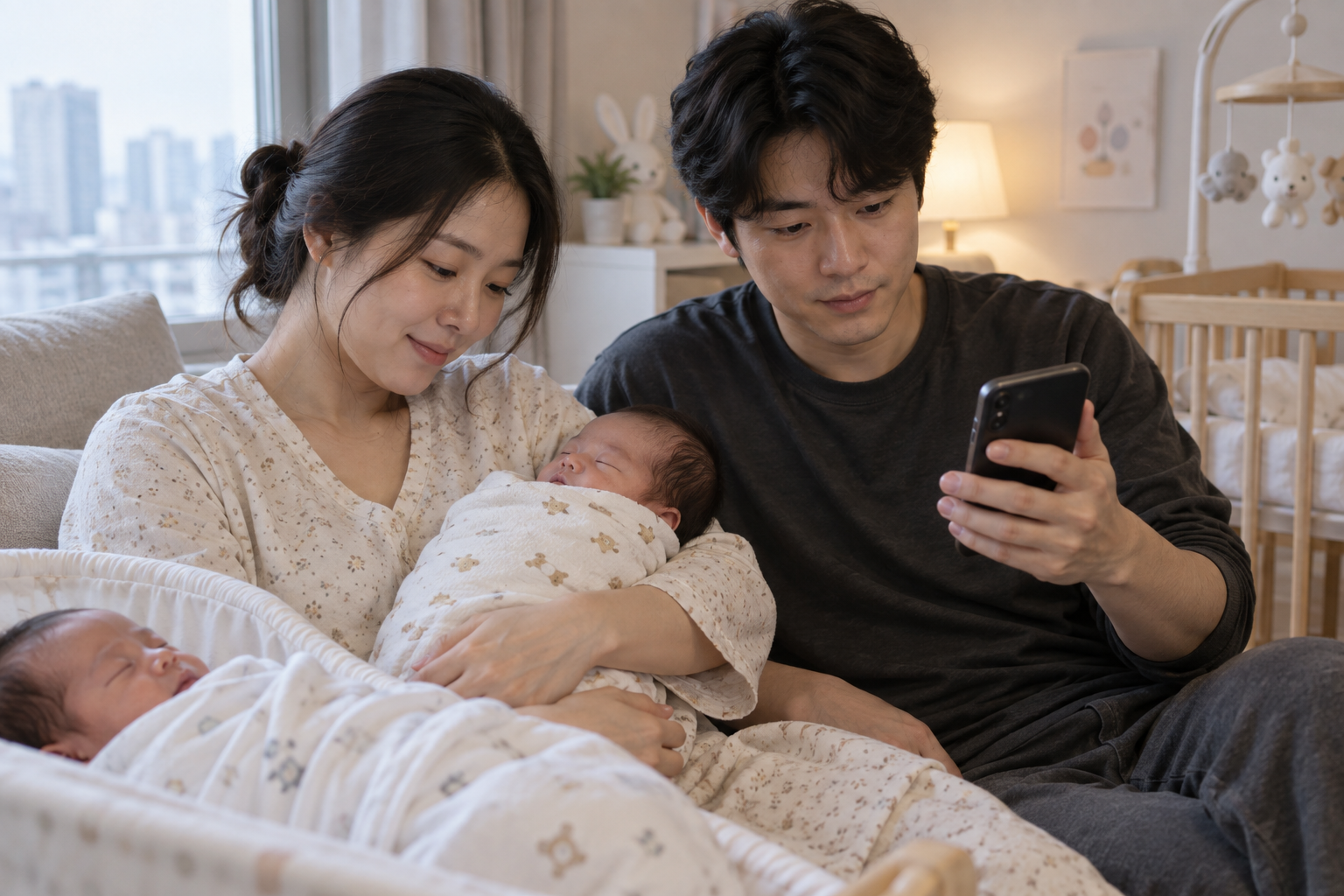 쌍둥이 부모가 아기를 안고 문자 없는 휴대전화 신청 화면을 확인하는 연출 사진