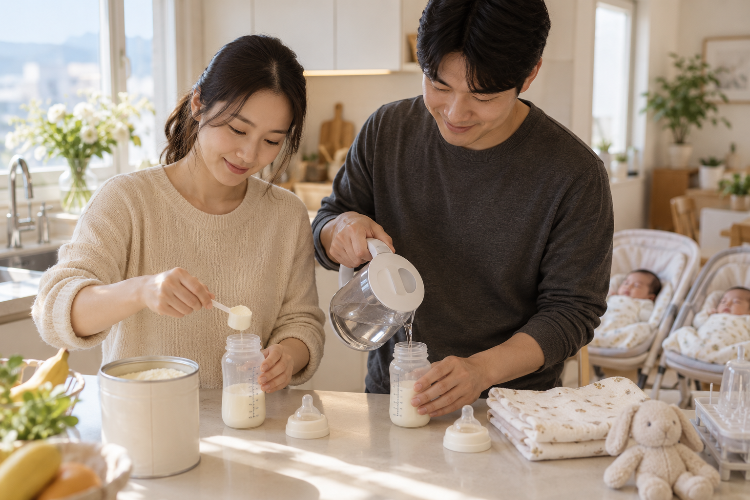 쌍둥이 영아를 돌보는 부모가 집에서 분유병 두 개를 준비하는 연출 사진