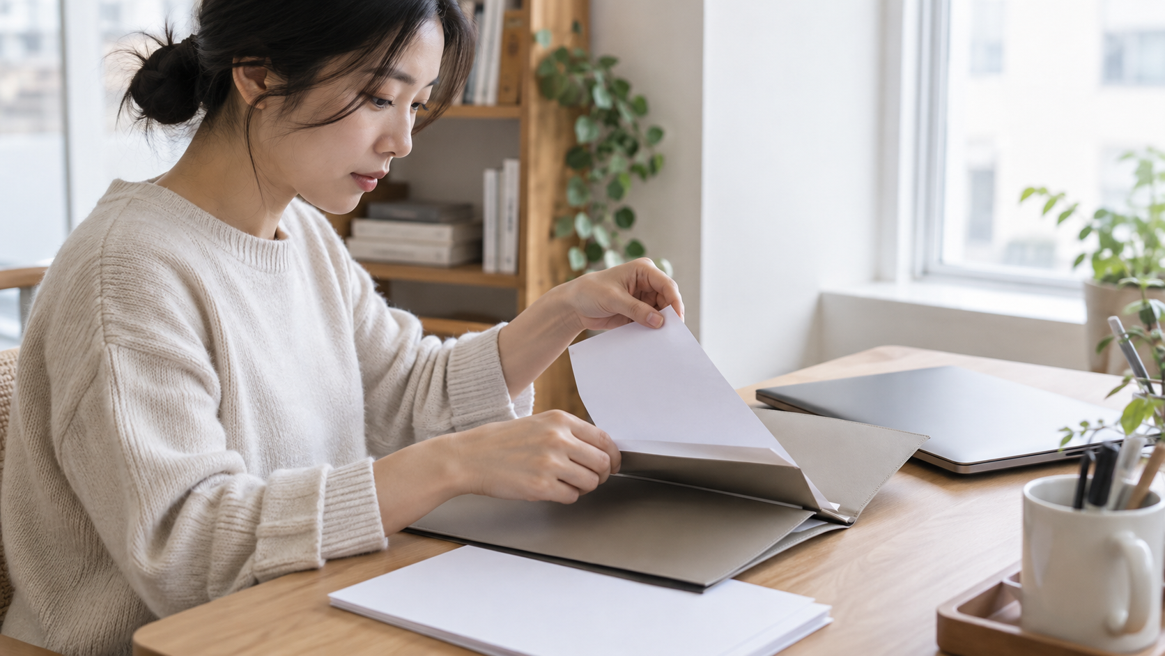 빈 서류와 폴더를 정리하며 방문 신청을 준비하는 한국인 성인 AI 연출 사진