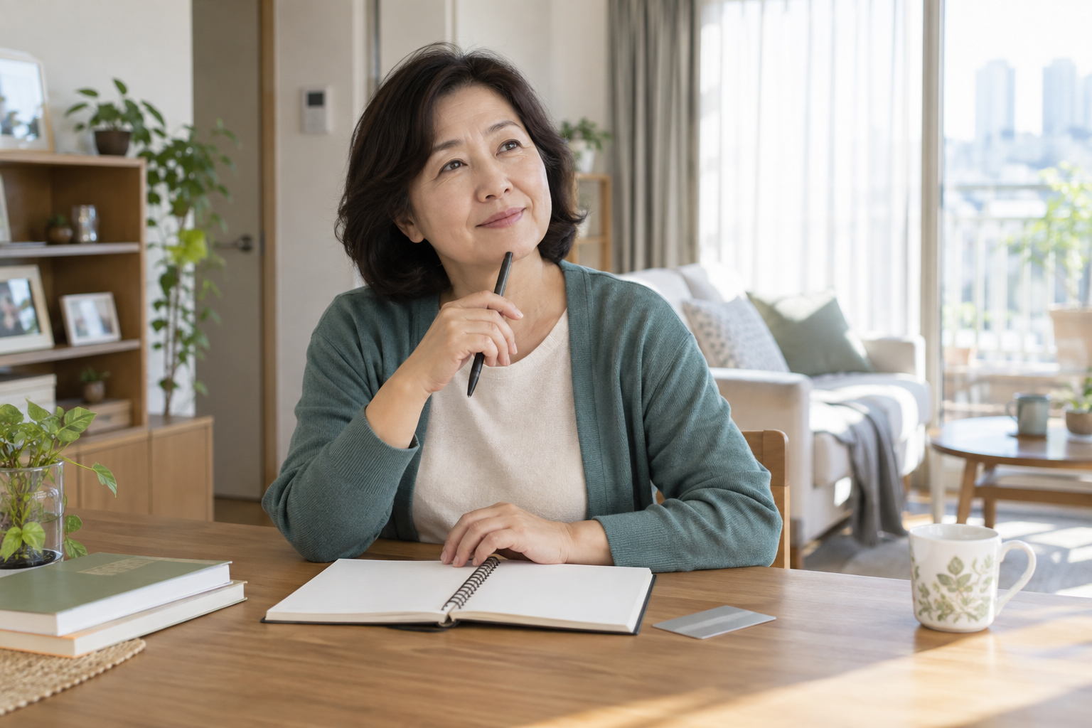 집에서 빈 학습 자료를 살펴보는 성인의 연출 사진