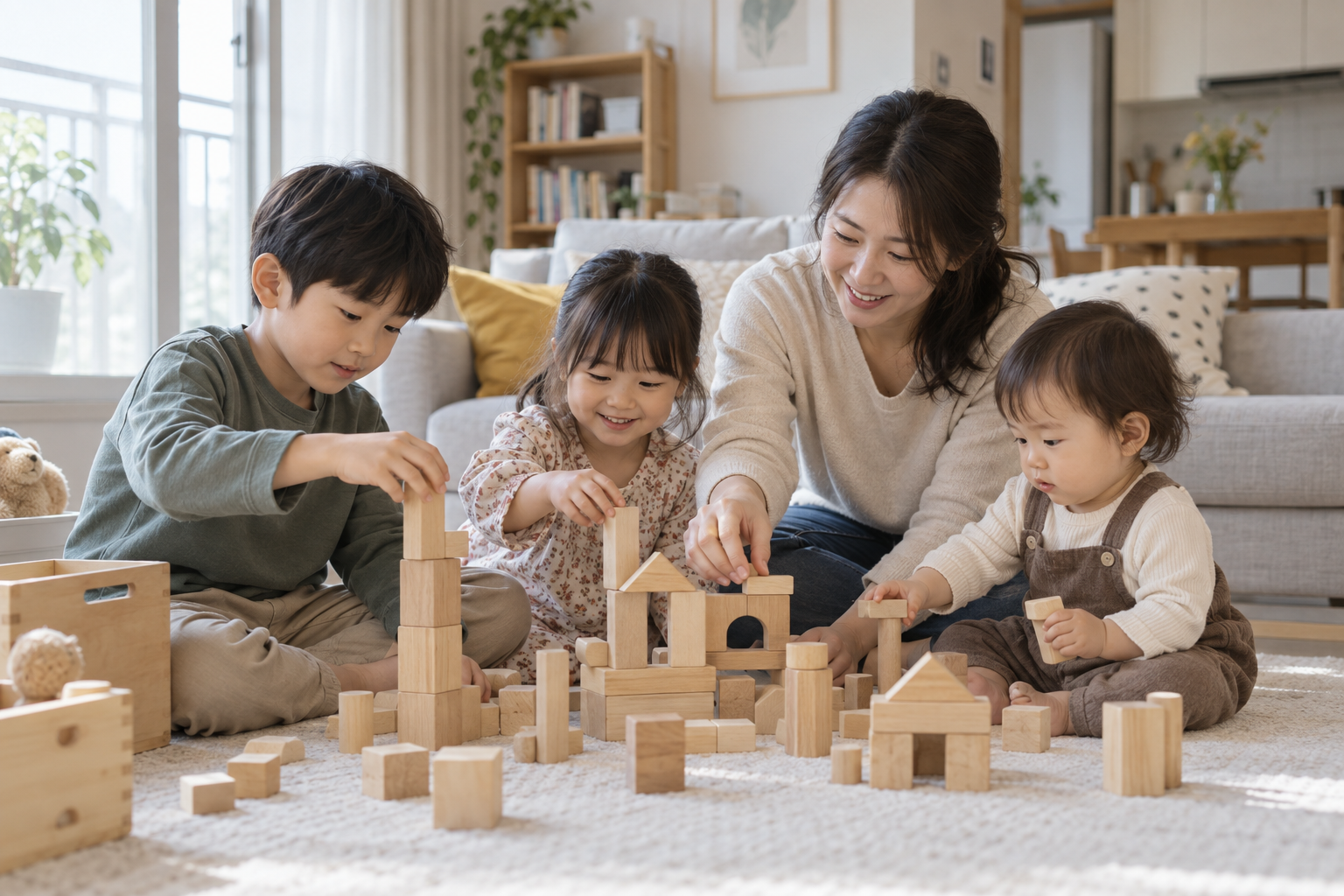 거실에서 보호자와 세 자녀가 함께 나무 블록을 쌓는 모습