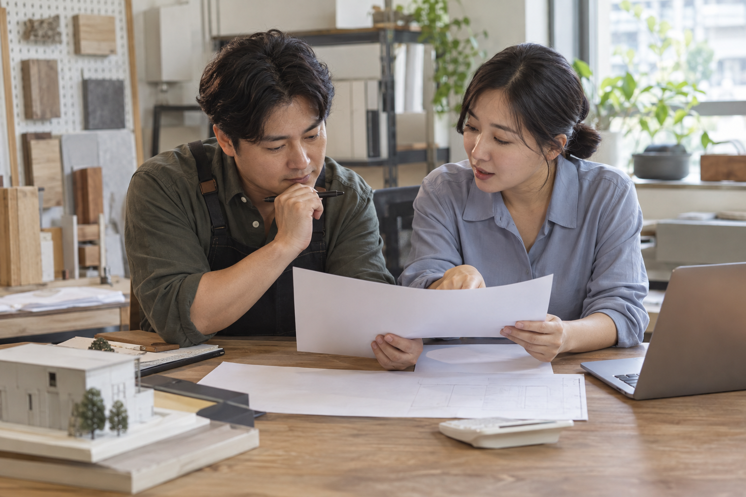 사업장 담당자들이 글자가 없는 휴게시설 계획서와 서류를 검토하는 연출 사진