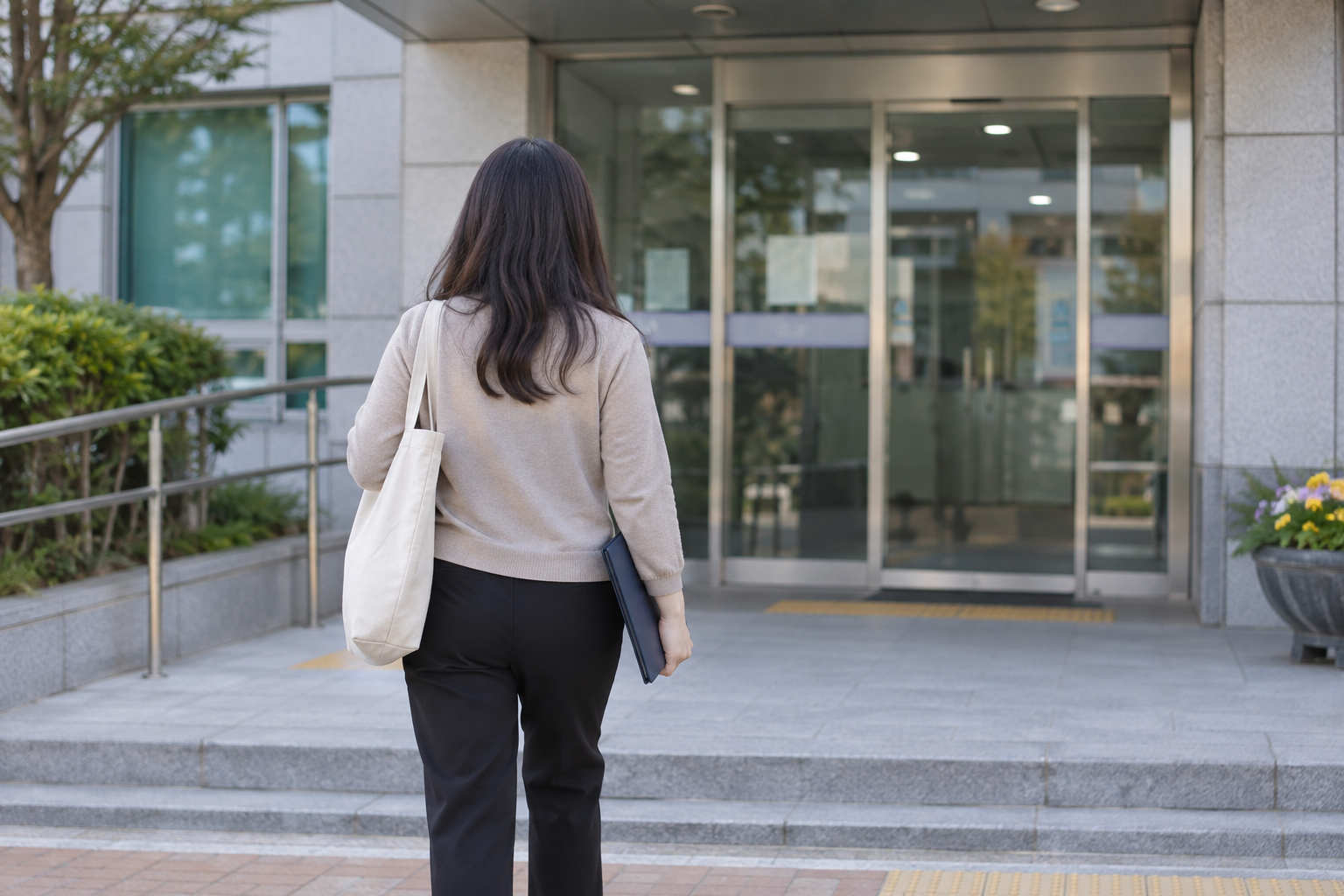 보호자가 서류철을 들고 공공 상담 공간으로 들어가는 연출 사진