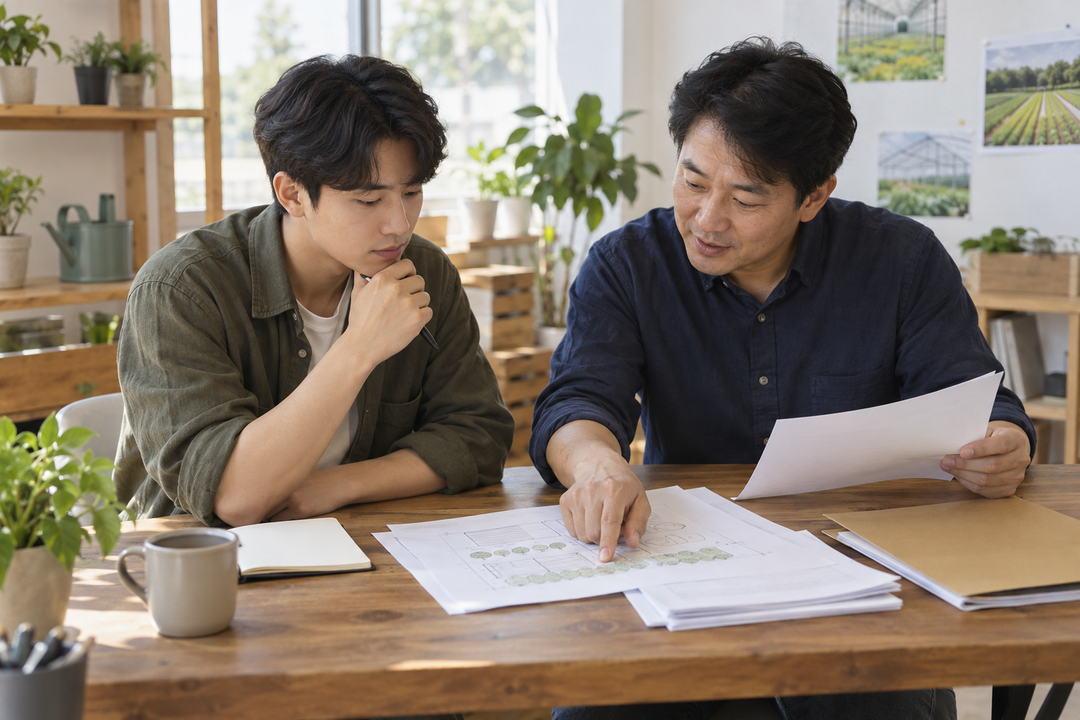 무표기 서류와 시설 도면 모형을 함께 검토하는 청년과 상담자 AI 연출 사진