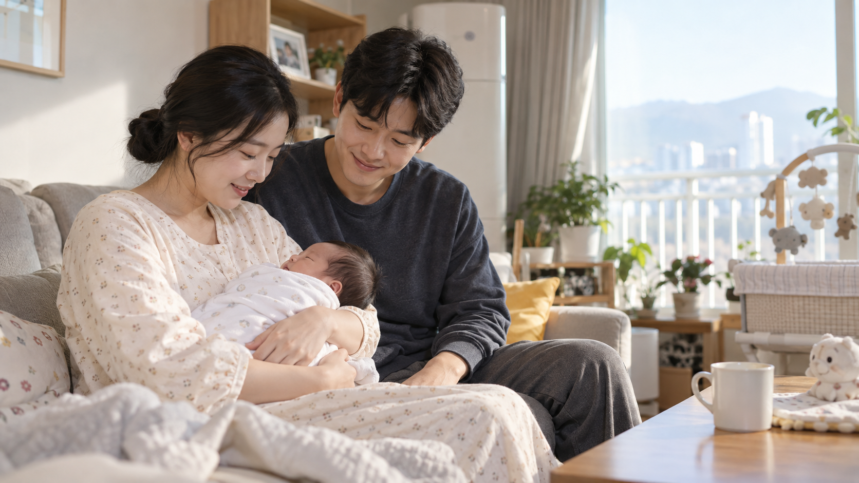 집에서 아기의 머리를 받쳐 안고 있는 한국 부모