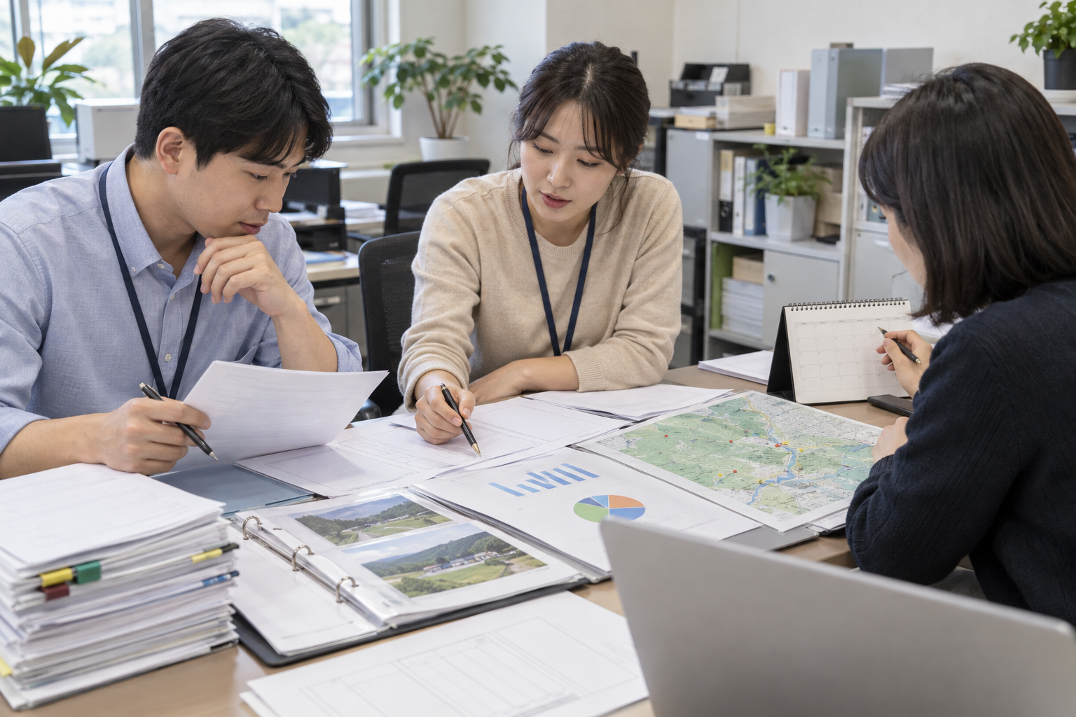 군청 담당자들이 사업 신청서와 예산표, 지역 지도, 증빙철을 검토하는 연출 사진