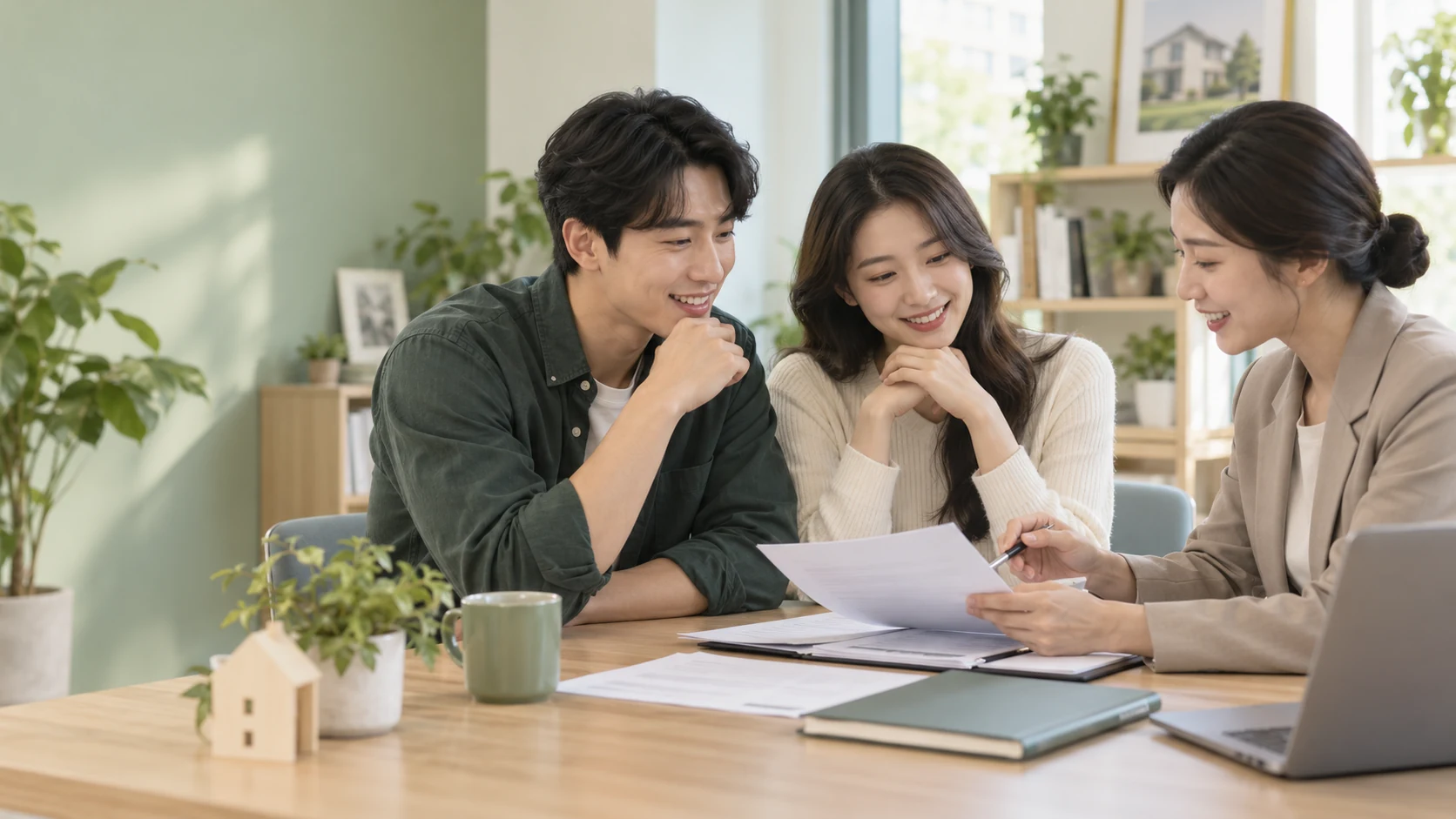 밝은 공간에서 상담자와 함께 지원 관련 서류를 살펴보는 한국인 부부를 표현한 이미지